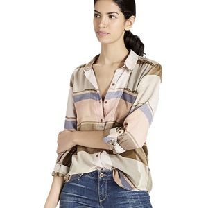 LUCKY BRAND FLANNEL PLAID BUTTON UP, PINK AND GREEN AND BEIGE, SOFT OVERSIZED